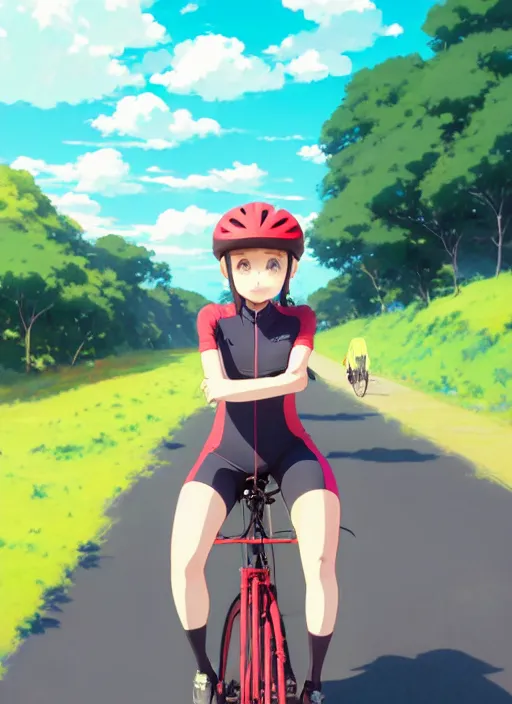 Prompt: portrait of cute girl riding road bike, sunny sky background, lush landscape, illustration concept art anime key visual trending pixiv fanbox by wlop and greg rutkowski and makoto shinkai and studio ghibli and kyoto animation, symmetrical facial features, sports clothing, road bike helmet, red cycling suit, backlit, aerodynamic frame, zwift