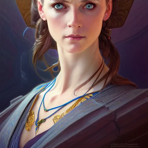 Prompt: Portrait of female teacher, D&D, blue eyes, face, fantasy, intricate, elegant, highly detailed, digital painting, artstation, concept art, realistic, smooth, sharp focus, illustration, art by artgerm and greg rutkowski and alphonse mucha