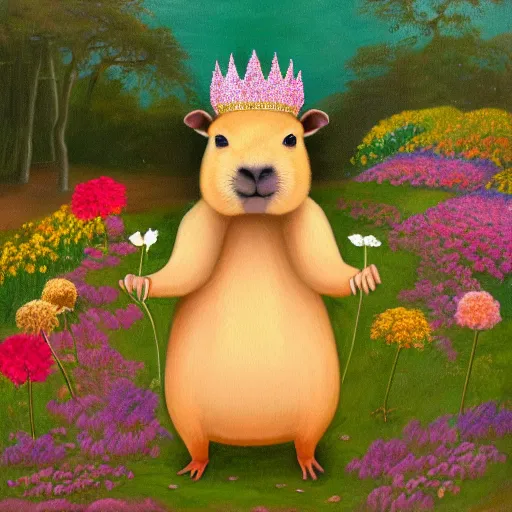 Prompt: anatomically correct capybara wearing a light pink cape and a encrusted golden crown, in a beautiful flower garden, oil painting