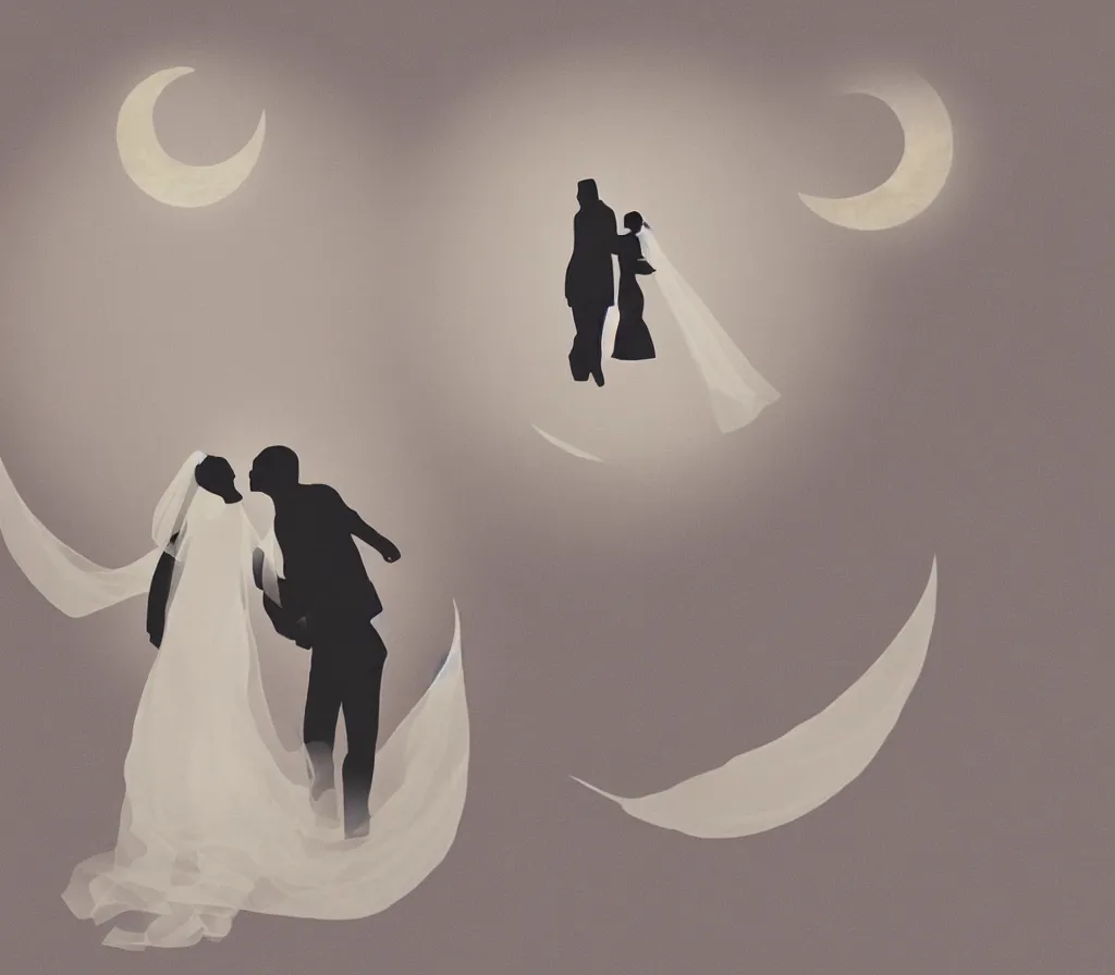 Image similar to digital art drawing of a couple dancing on a crescent moon during their wedding ceremony, soft lighting, neutral colours, lots of details