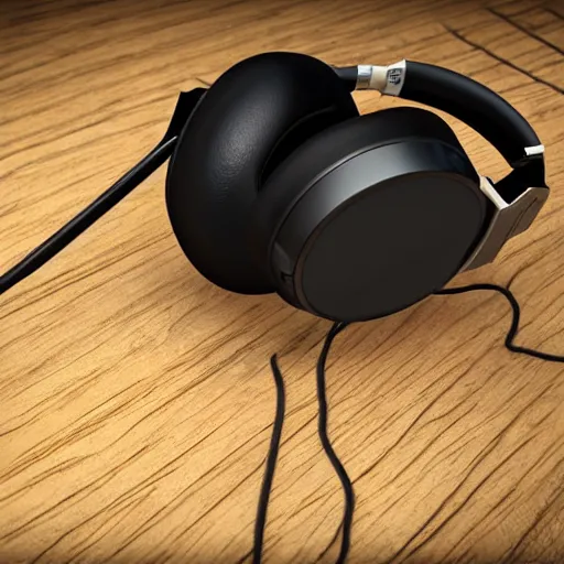 Prompt: black wood headphones, photorealism, Unreal Engine, artstation with dark leafs around