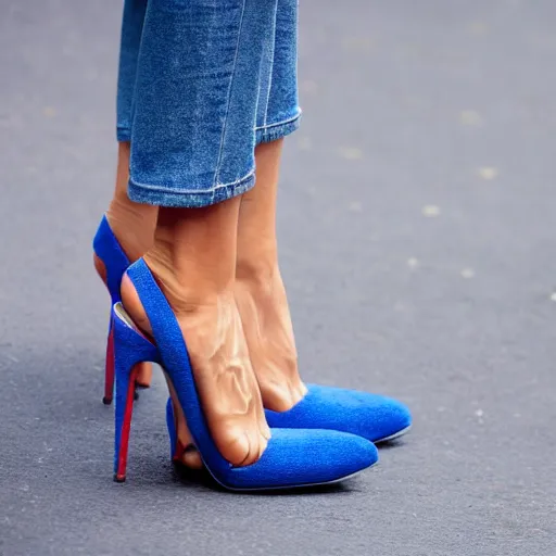 Prompt: A foot model wearing a pair of blue heels