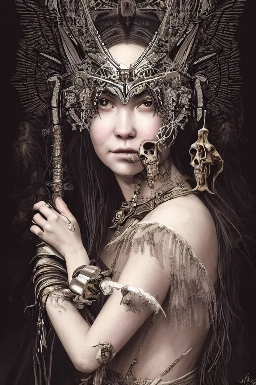 Image similar to A masterpiece ultrarealistic portrait of a Irristible angel princess tribal-shaman-knight-witch-ghost with Skull Iron mask. baroque renaissance girl in the night forest. medium shot, intricate, elegant, highly detailed. trending on artstation, digital art, by Stanley Artgerm Lau, WLOP, Rossdraws, James Jean, Andrei Riabovitchev, Marc Simonetti, Yoshitaka Amano. background by James Jean and Gustav Klimt, light by Julie Bell, 4k, porcelain skin.