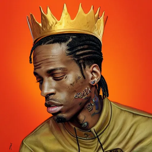 Image similar to travis scott with a golden crown, album cover,, a character portrait by weiwei, cgsociety, sots art, official art, art, character,