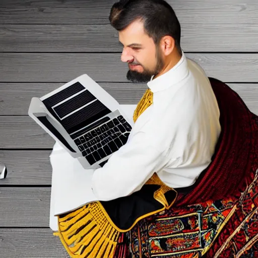 Prompt: typical IT specialist in traditional tatar outfit, working on a laptop while sitting on a horse, horse has Opel logo printed on it.