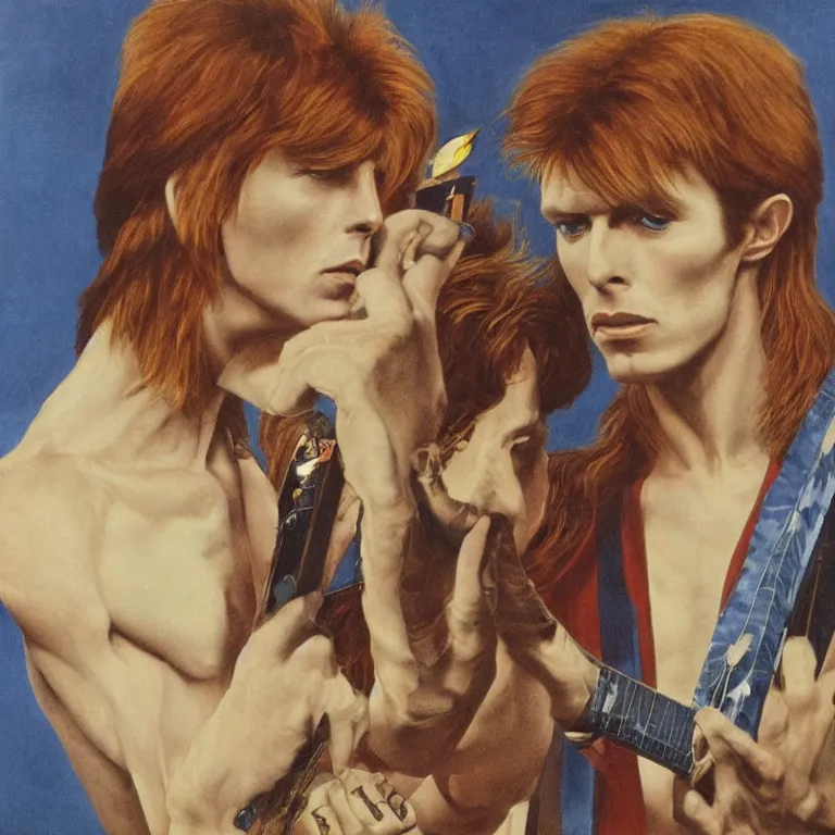 Image similar to Pre-Raphaelite portrait of 1970s David Bowie, ziggy stardust playing flying V guitar, single lighning strike in background. Flash Gorden