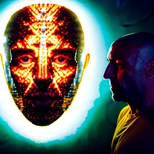 Prompt: uhd candid photo of cosmic joe rogan as a super sayian powering up, glowing, global illumination, studio lighting, radiant light, hyperdetailed, correct face, elaborate intricate costume. photo by annie leibowitz