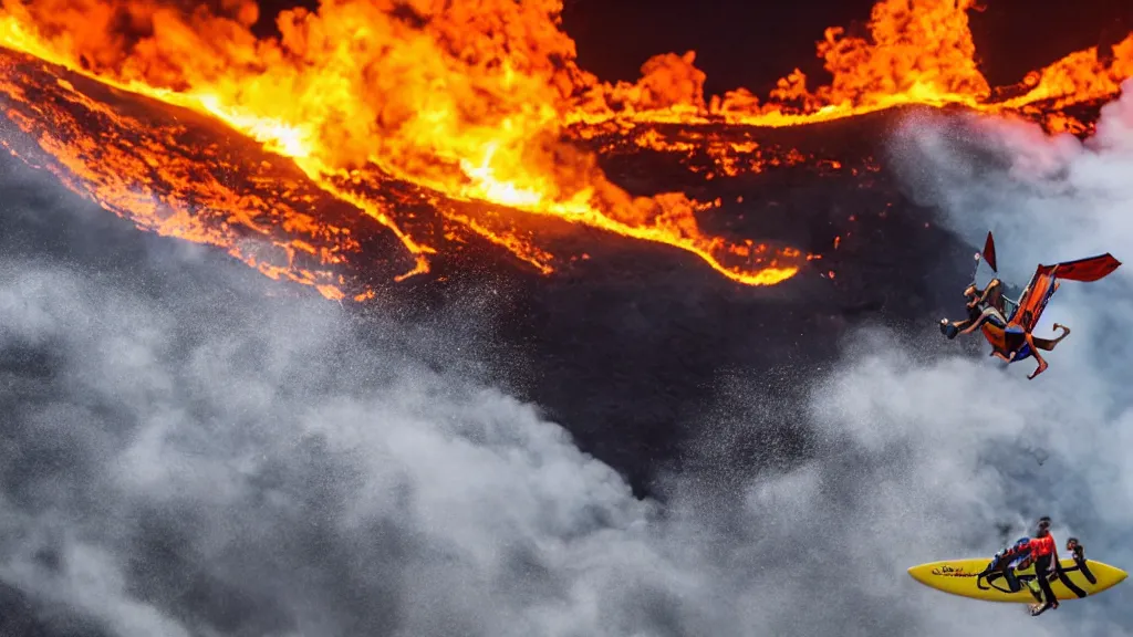 Image similar to person wearing a sponsored team jersey with logos jumping out of a helicopter with a surfboard into a volcano, action shot, dystopian, thick black smoke and fire, sharp focus