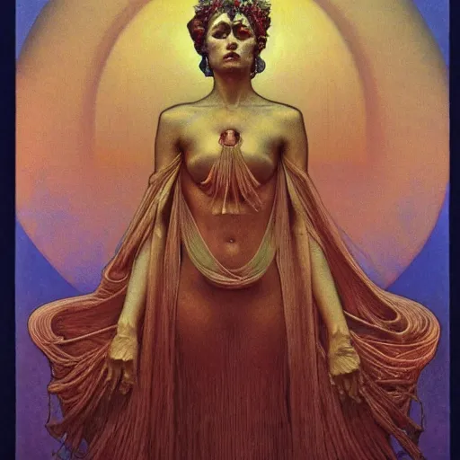 Image similar to queen of jupiter by zdzisław beksinski and alphonse mucha