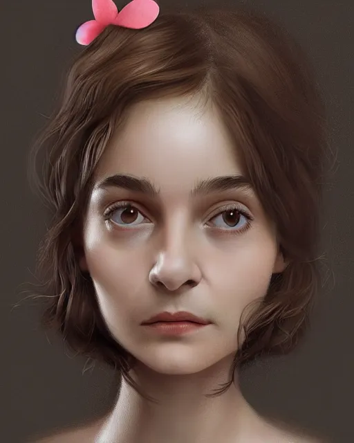 Image similar to !dream portrait of a welsh teenage girl with brown hair, glowing skin, delicate features, quiet beauty, amelie poulain, cute ears, teenage audrey tautou, fantasy, intricate, elegant, dress shirt, highly detailed, digital painting, artstation, concept art, smooth, sharp focus, illustration, art by Krenz Cushart and Artem Demura and alphonse mucha, floral background