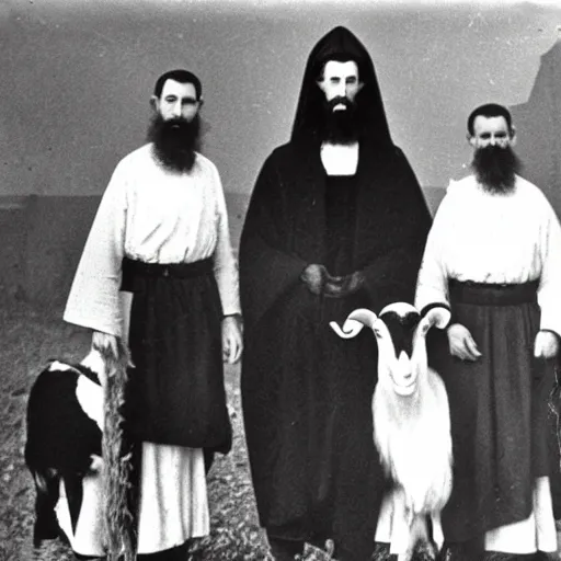 Image similar to photo of breton monks looking like rasputin, with a goat