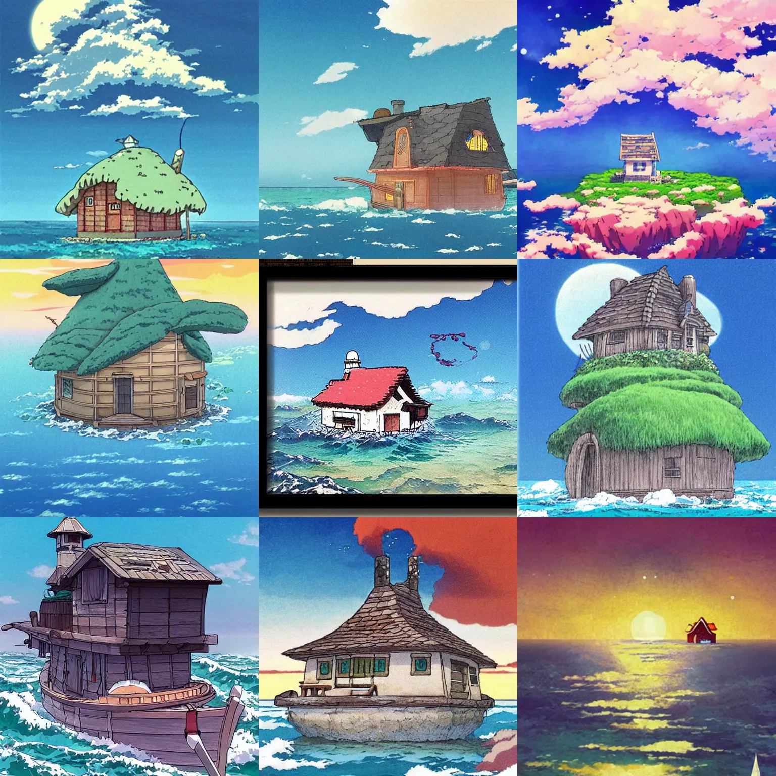 Prompt: little house in the middle of the sea, anime style, art by studio ghibli and kazuo oga