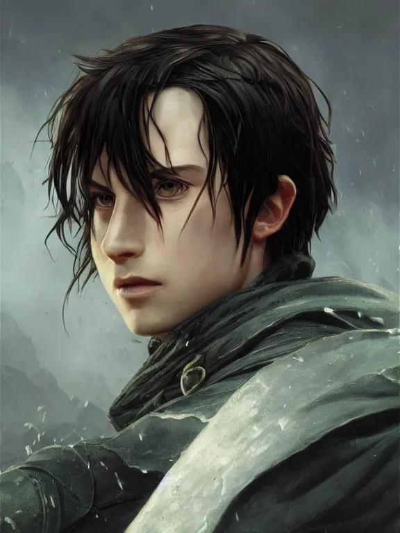 Image similar to levi ackerman, the lord of the rings, hyper detailed,, 8 k realistic, trending in artstation, digital painting, studio quality, cryengine, frostbite 3 engine, character design, smooth, sharp focus, art by artgerm and greg rutkowski and alphonse mucha and ian sprigger and wlop and krenz cushart