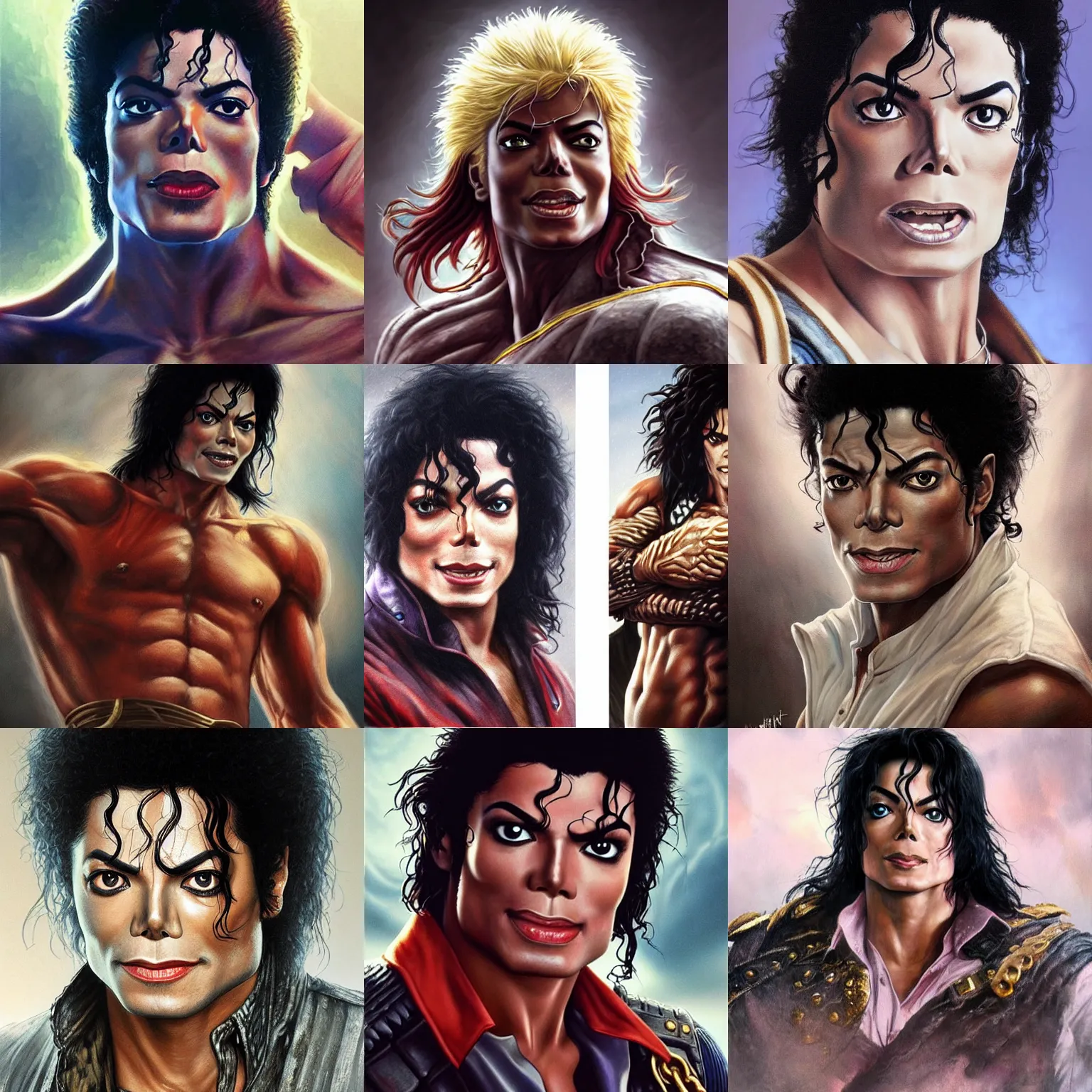 Prompt: michael jackson! fist of the north star! very close portrait of angry rugged barbarian, muscular, upper body, 👅 👅 , D&D, fantasy, intricate, elegant, highly detailed, digital painting, artstation, concept art, smooth, sharp focus, illustration, art by artgerm and greg rutkowski and alphonse mucha