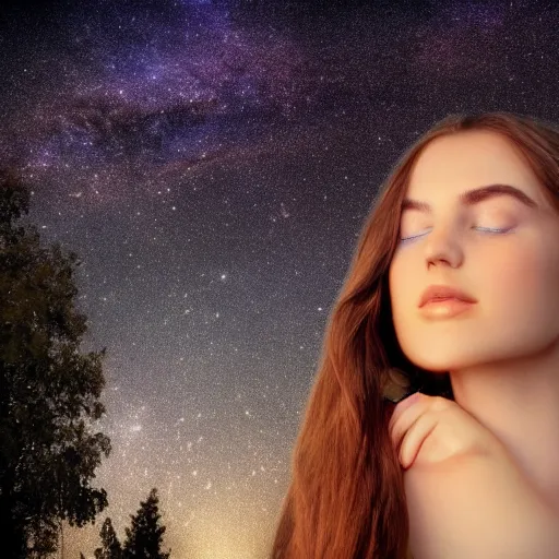 Image similar to an hd photo of a young woman with brown hair, green eyes. background of beautiful trees and night sky with multicolor stars and galaxies, trending on artstation