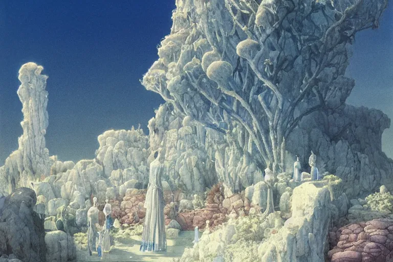 Prompt: an oriental palace made of immaculate white stones that emit light planted at the edge of a waterless ocean under a twilight light, blue sky without clouds, people angling at the edge, crystalline rock, pastel shades, style of michael whelan