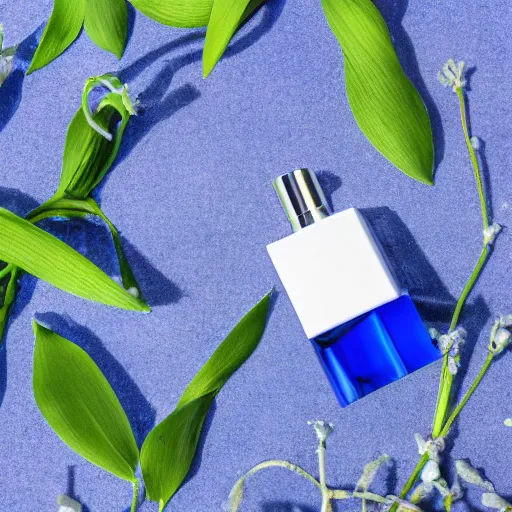 Prompt: cool blue perfume bottle surrounded by a plethora of sparse cool blue and lavendar flowers and green stems, bright white realistic, up close shot, white background, zen, light, modern minimalist f 2 0 clean