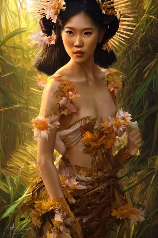 Image similar to stunningly beautiful, filipina geisha prima ballerina in jungle, symmetrical face, golden hour, smooth, focus, highly detailed, hyper realistic, dramatic lighting, elegant, intricate, concept art, art by wlop, mars ravelo, greg rutowski, artstation