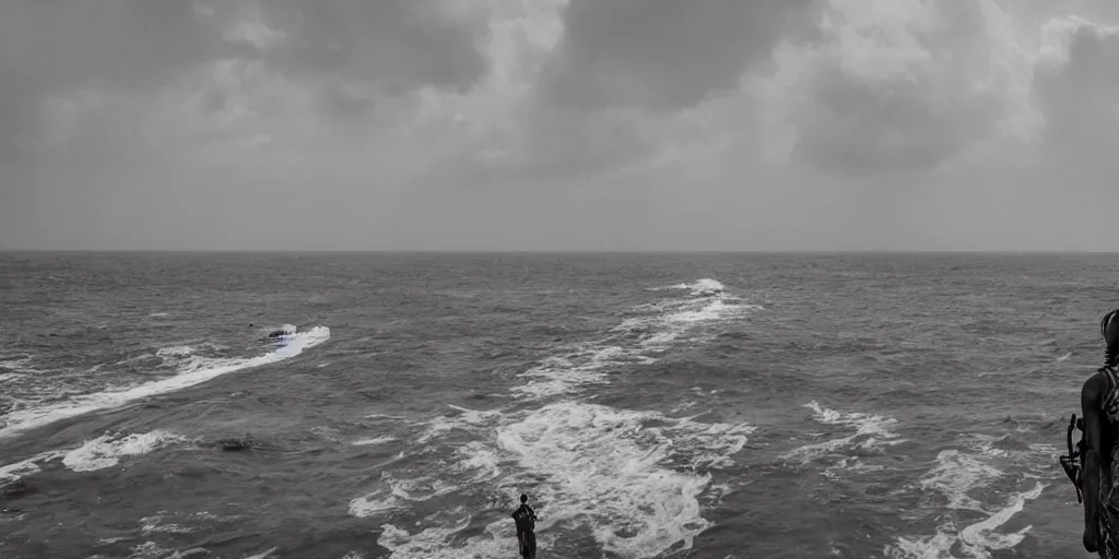 Prompt: sri lankan mad max style, ocean, perspectiv from a big ship, film still, epic shot cinematography, rule of thirds