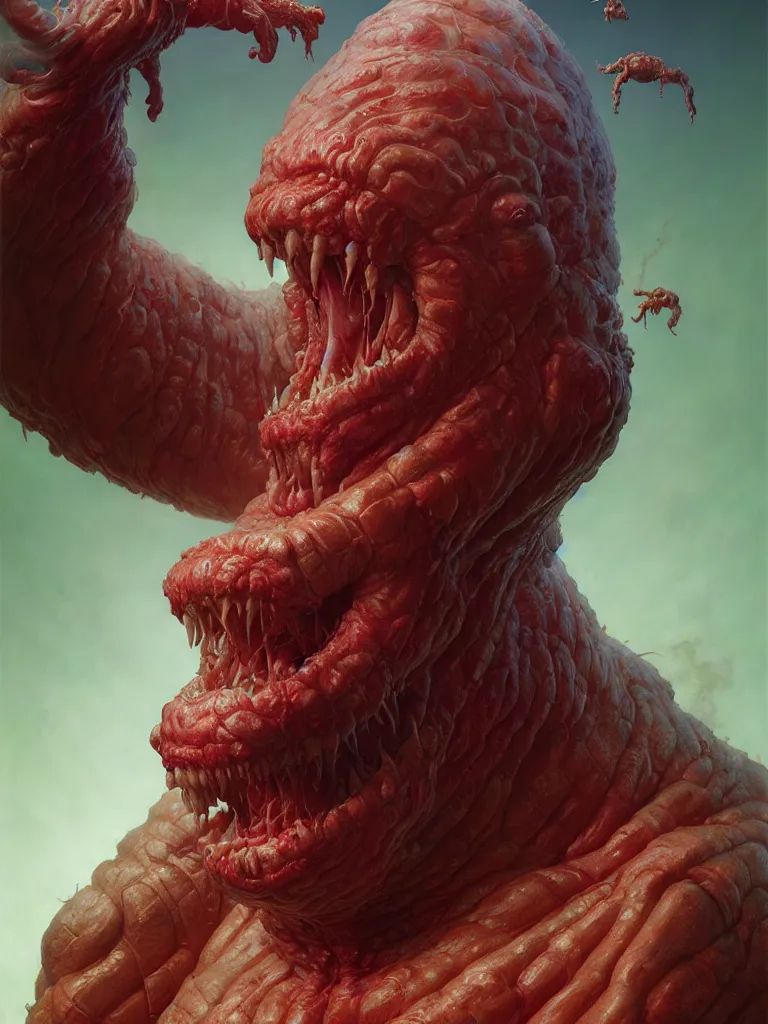 Image similar to hyperrealistic rendering, fat smooth cronenberg flesh monster final fantasy behemoth by donato giancola and greg rutkowski and wayne barlow and zdzisław beksinski, eyeballs, product photography, action figure, sofubi, studio lighting, colored gels, colored background