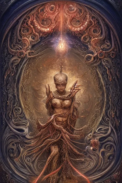 Image similar to A beautiful detailed tarot card, by tomasz alen kopera and Justin Gerard, symmetrical features, ominous, magical realism, texture, intricate, ornate, royally decorated, whirling smoke, embers, red adornements, red torn fabric, radiant colors, fantasy, trending on artstation, volumetric lighting, micro details, 3d sculpture, ray tracing, 8k, anaglyph effect