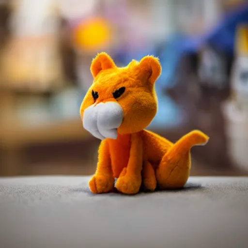 Prompt: stuffed animal Garfield kid toy macro photography tilt shift