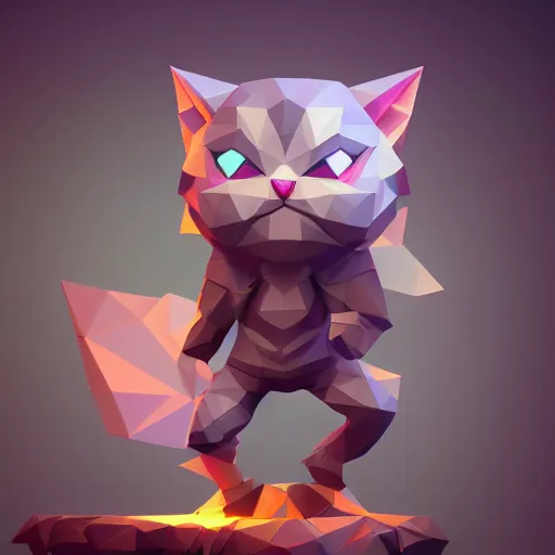 Prompt: low poly modelling, high resolution textures, smooth vertices, isometric view, 1 6 bit colors, made in blender, fat chibi grey cat, volumetric lighting, fantasy, intricate, hyper realistic, by riot games, league of legends, backlit