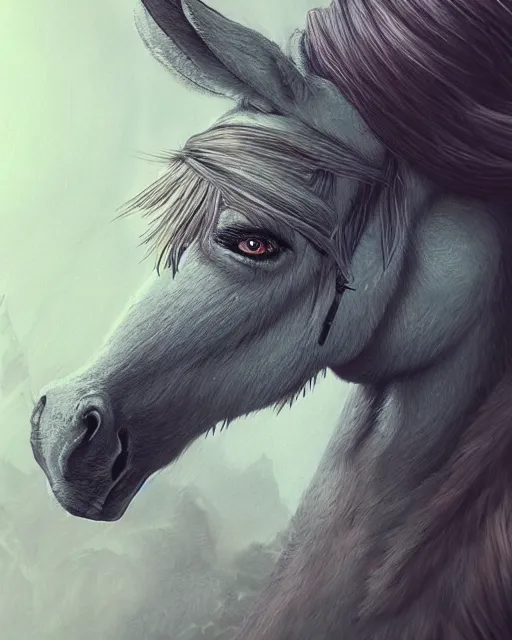 Prompt: a donkey with Long eyelashes, fantasy art, in the style of artgerm, illustration, epic, fantasy, intricate, hyper detailed, artstation, concept art, smooth, sharp focus, ray tracing, vibrant