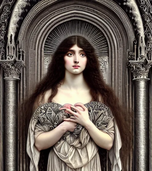 Prompt: hyperrealistic detailed portrait of a beautiful long haired young goddess morphing into a gothic cathedral, authentic ornamental architecture, art by ernst haeckel, john william godward, android jones, h. r. giger, gothic, neo - gothic, heavily ornamental,