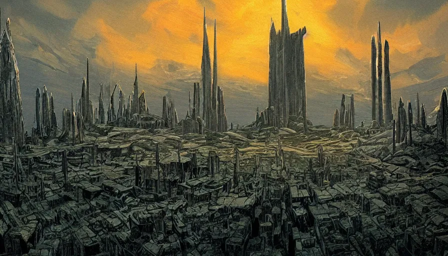 Prompt: a beautiful painting of isengard, ray traced lighting by jean claude mezieres