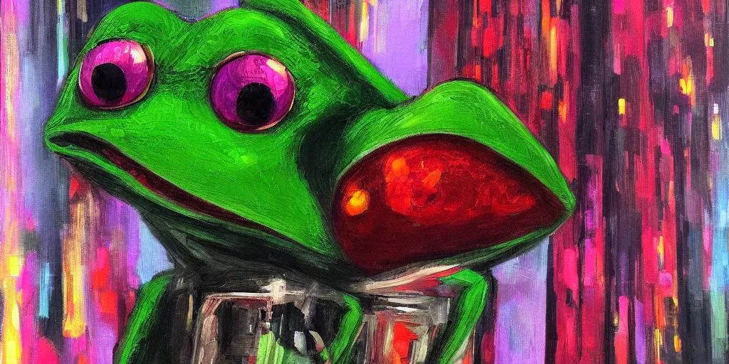 Prompt: a masterpiece fineart portrait of a cyberpunk kermit the frog. Oil painting on canvas, by Remembrandt.
