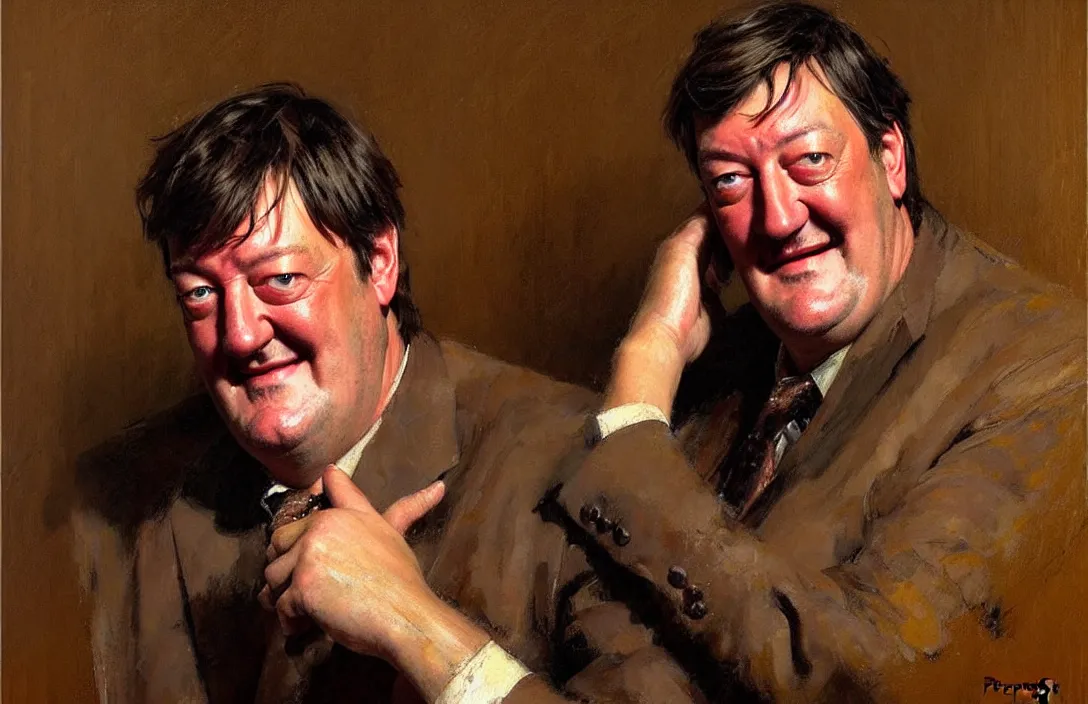 Image similar to portrait of stephen fry!!!!!!!!!!!!!!!!!!!!!!!!!!!, detailed face, detailed painting, epic lighting, by ilya repin, phil hale and kent williams