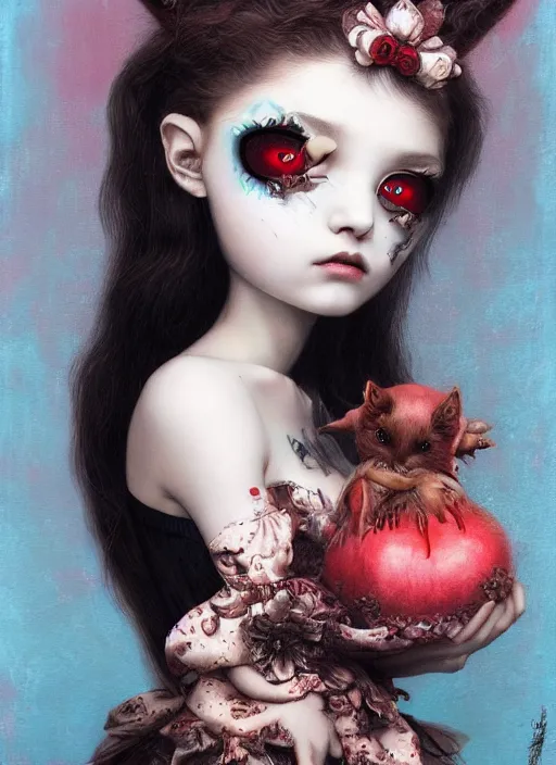 Image similar to pop surrealism, lowbrow art, realistic cute alice babymetal painting, japanese street fashion, hyper realism, muted colours, rococo, natalie shau, loreta lux, tom bagshaw, mark ryden, trevor brown style,