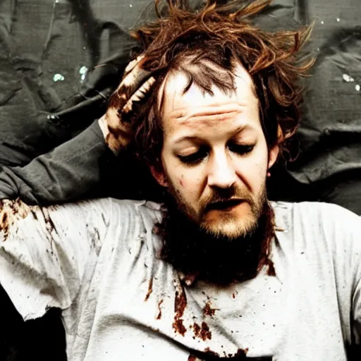 Image similar to homeless justin vernon in portland covered in chocolate stains. photograph.