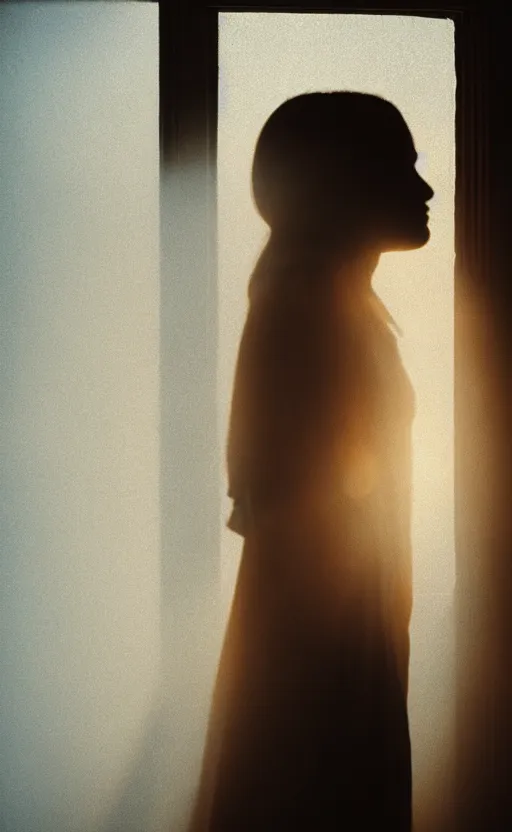 Image similar to sunlight study photography of emily skinner, looking like annie leonhart, standing next to a window illuminating her with god rays, volumetric fog, smoke, depth of field