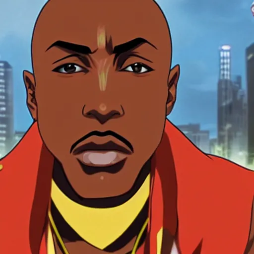 Image similar to Tupac Shakur, screenshot from a 2012s anime