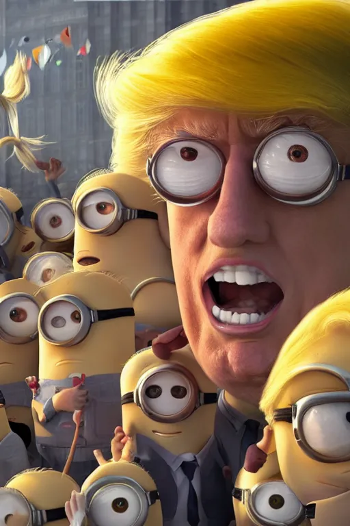 Image similar to trump as a minion, blond hair, riot background oil on canvas, intricate, portrait, 8 k highly professionally detailed, hdr, cgsociety