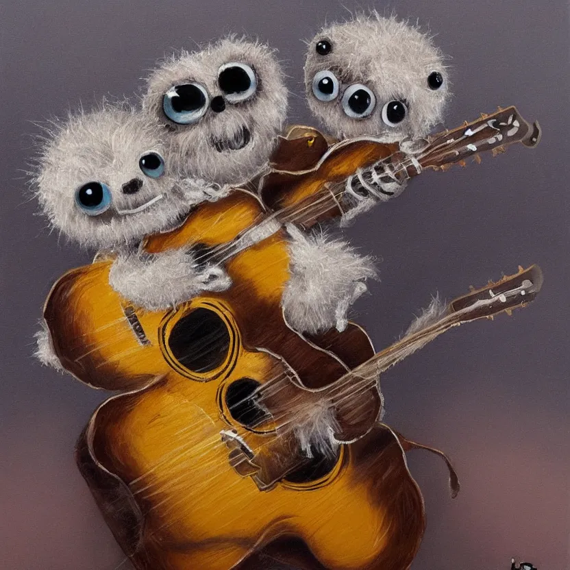 Image similar to medium shot, cute lucas the spider, fluffy spider, plays the guitar, 3 d art, oil painting