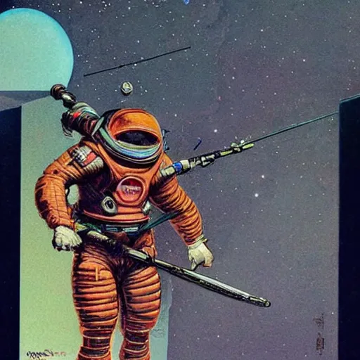 Image similar to Centaur wearing a spacesuit. Concept art by James Gurney and Moebius.