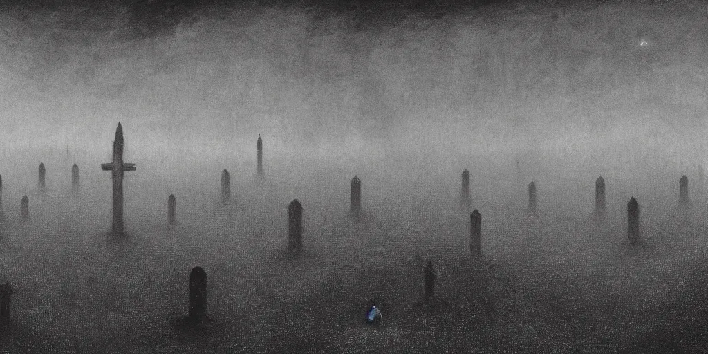 Image similar to wide view of ash covered graveyard, ashen mist, void black holes, eldritch, beksinski,