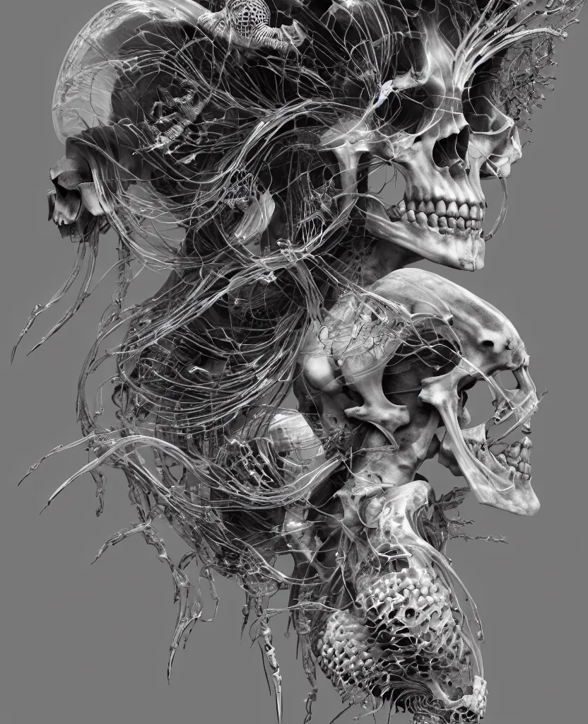 Image similar to goddess close-up portrait skeleton, ram skull, skeleton, thorax, x-ray, backbone, jellyfish phoenix head, nautilus, orchid, skull, betta fish, bioluminiscent creatures, intricate artwork by Tooth Wu and wlop and beeple. octane render, trending on artstation, greg rutkowski very coherent symmetrical artwork. cinematic, hyper realism, high detail, octane render, 8k