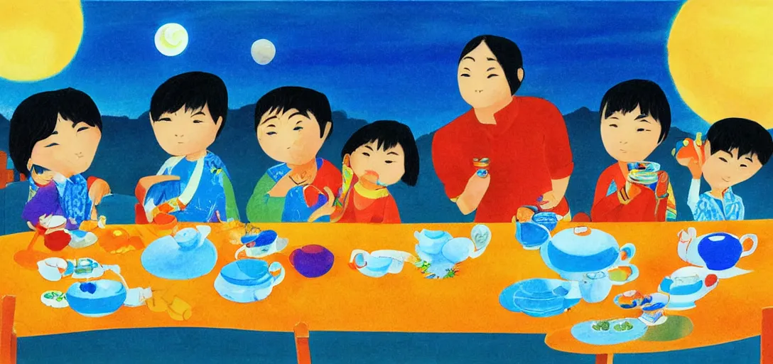 Prompt: a young asian family sitting at outdoor table, tea and food on the table, animal figurine placing around family, clear sky at night with a few clouds, full moon brightening by eric carle