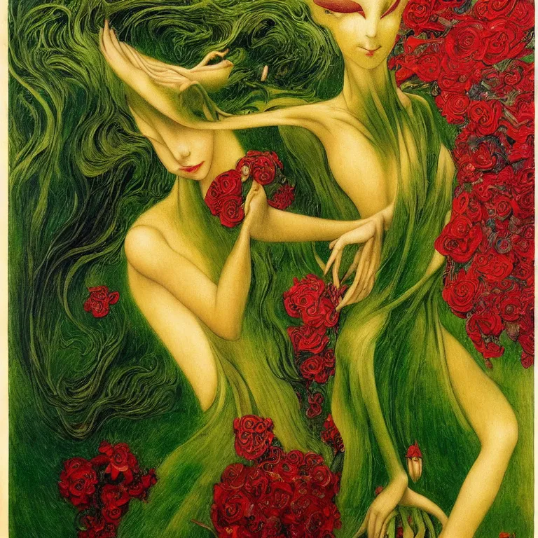 Image similar to !!!dream brunette woman standing in a green dress on a gold background, with black roses and red lips Anton Pic, Jean Delville, Amano, Yves Tanguy, Ernst Heckel, Edward Robert Hughes, Stanislaw Szukalski and Roger Dean photorealism