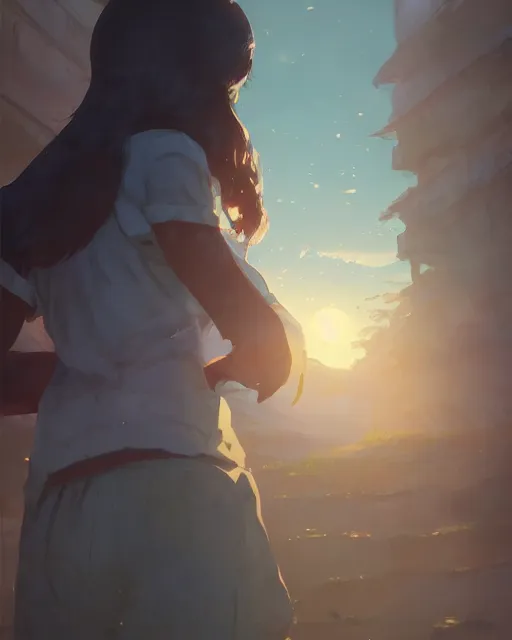 Image similar to farmer girl, full shot, atmospheric lighting, by makoto shinkai, stanley artger m lau, wlop, rossdraws, james jean, andrei riabovitchev, marc simonetti, krenz c