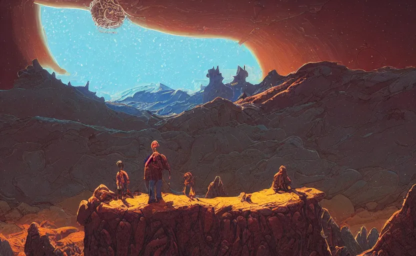 Prompt: mountains, stars and paisley filled sky, artstation, complex, highly detailed, digital painting, concept art, sharp focus, illustration by Michael Whelan and Jean Claude Mézières and Enki Bilal and Benjamin Lacombe and Megan Duncanson