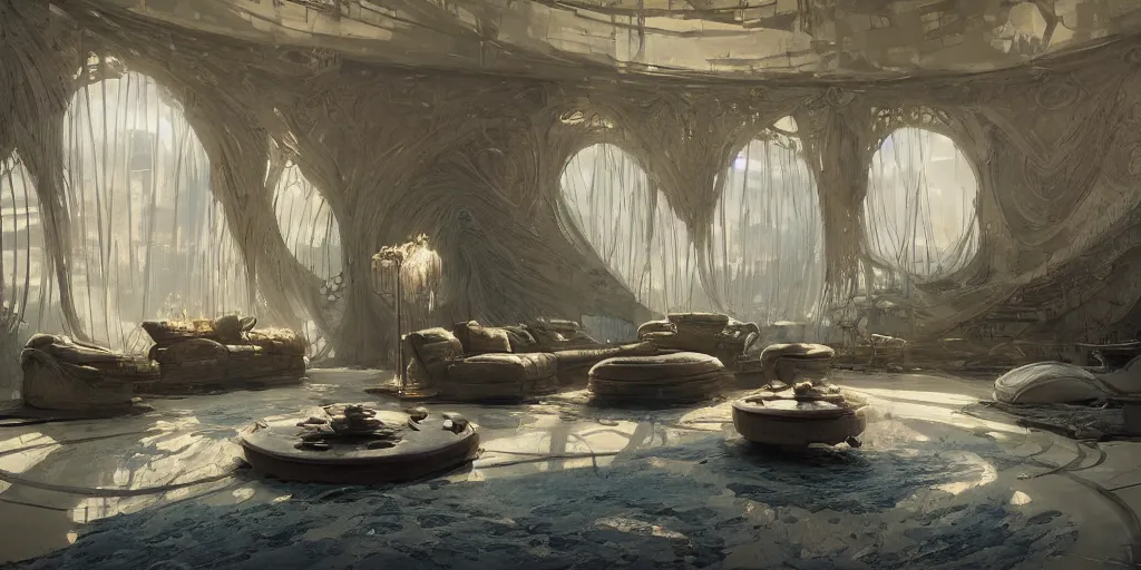 Image similar to luxury apartment interior, dune movie, intricate, elegant, highly detailed, john park, craig mullins, sparth, ruan jia, jeffrey catherine jones