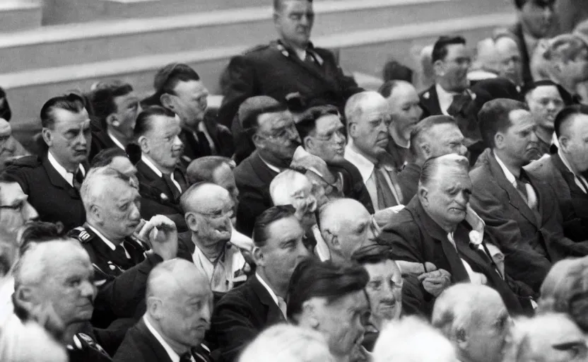 Image similar to 50s movie still of very diverse soviet generals head with very detailed faces in a stalinist parlement, by Alexei Guerman, Cinestill 800t 35mm black and white, heavy grainy picture, very detailed, high quality, 4k, HD criterion, precise texture, diversity of faces