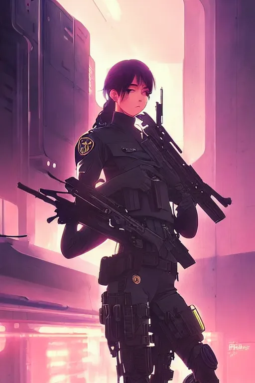 Image similar to anime key visual of a young female swat officer, neon, cyberpunk, futuristic, stunning, highly detailed, digital painting, smooth, soft focus, illustration, movie poster, japanese typography, digital art from artstation by artgerm and greg rutkowski and alphonse mucha