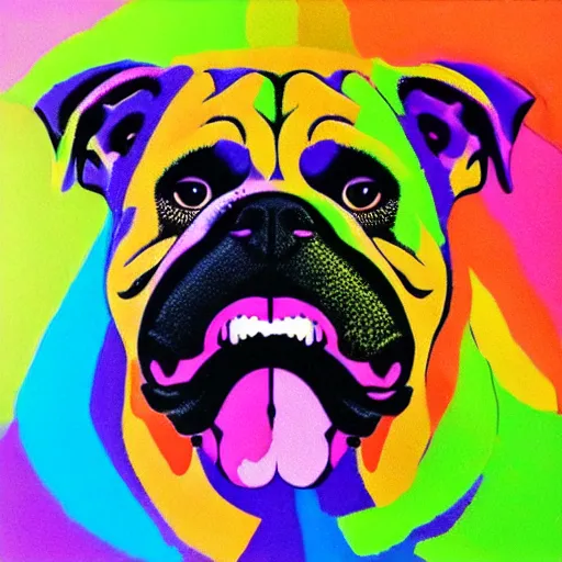 Image similar to rainbow excited smiling bulldog. pop art.