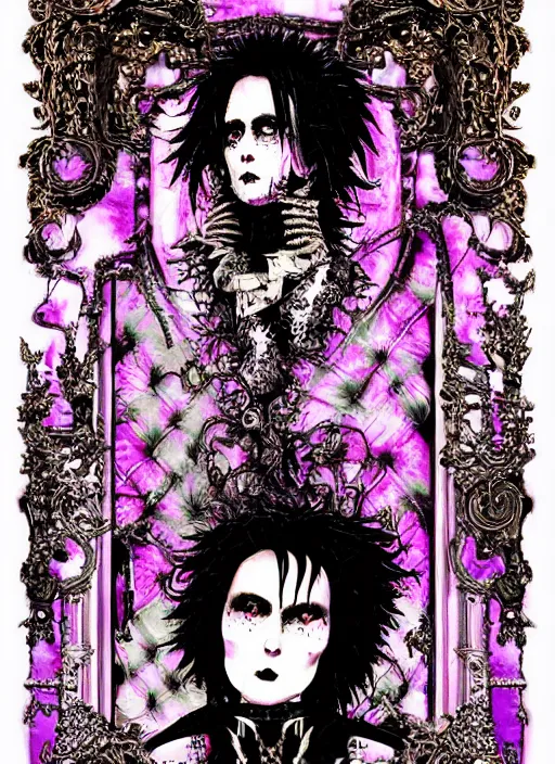 Prompt: baroque bedazzled gothic royalty frames surrounding a pixelsort emo demonic horrorcore Japanese Edward Scissorhands, chromatic aberration, sharpened VHS footage